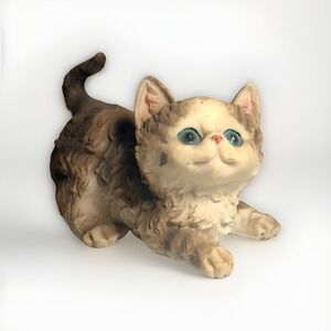 Vintage Kitten Figurine Brown & White Cat with Blue Eyes – 1990s Walmart